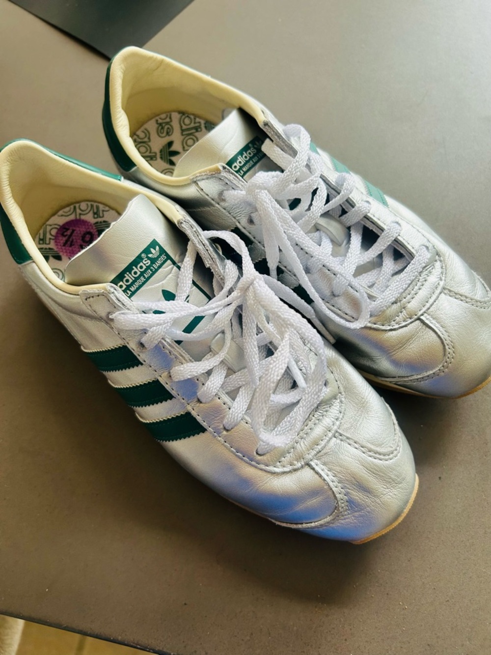 adidas Silver with Green Stripes Women’s Sneakers - Picture 2 of 8